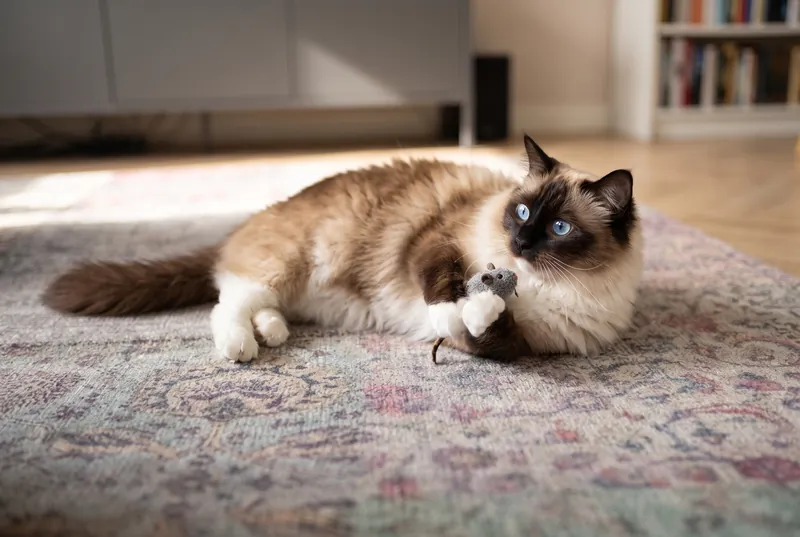 Kat speelt liggend op het kleed met een speelgoedmuis