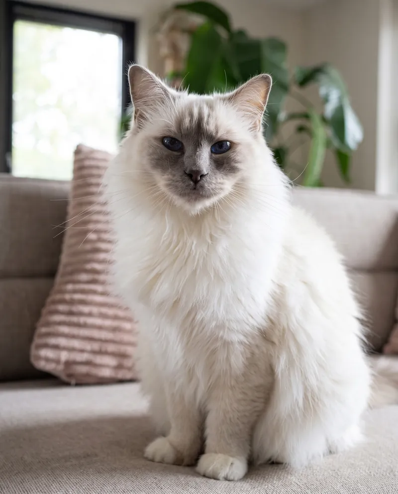Langharige kat zit rechtop op de bank